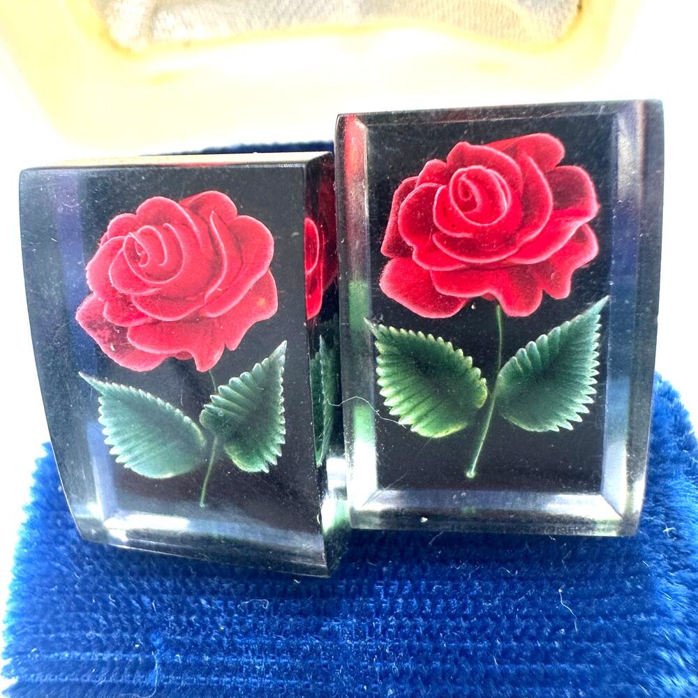 1940s vintage reverse carved lucite red green roses screw back earrings